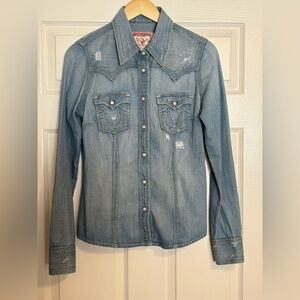 NWOT True Religion Western Distressed Denim Pearl Snap Long Sleeve Shirt Small
